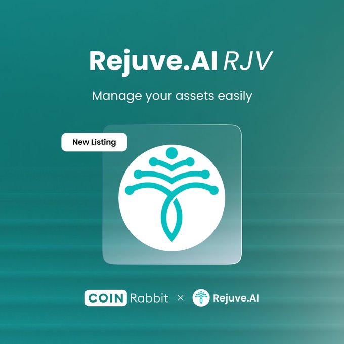 Promotional graphic for Rejuve.AI (RJV) listing on CoinRabbit, featuring the tagline 'Manage your assets easily' with a 'New Listing' badge.