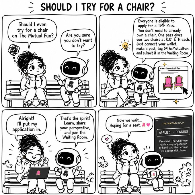A four-panel comic strip titled "SHOULD I TRY FOR A CHAIR?" depicting a girl and a robot discussing applying for a TMF Pass chair on The Mutual Fun.