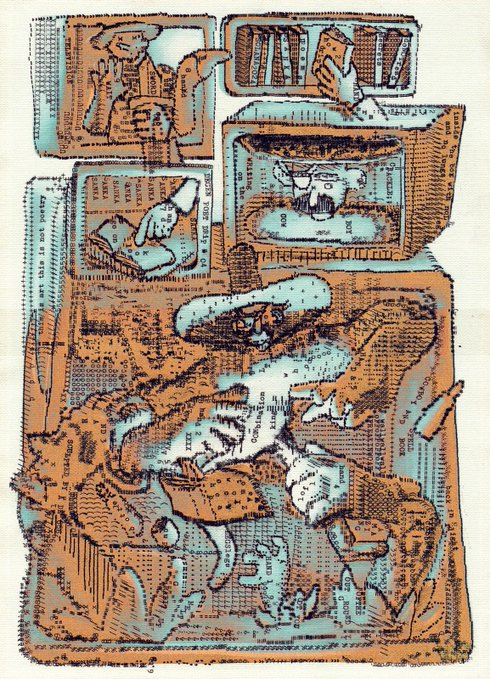 A vintage-style illustration depicting a collage of scenes, including a man on a telephone in a framed picture and a figure in a hat at a desk, rendered in orange and blue tones.