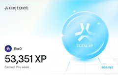 An Abstract account dashboard showing 53,351 XP earned this week at the 'Exo0' level, with a progress indicator.