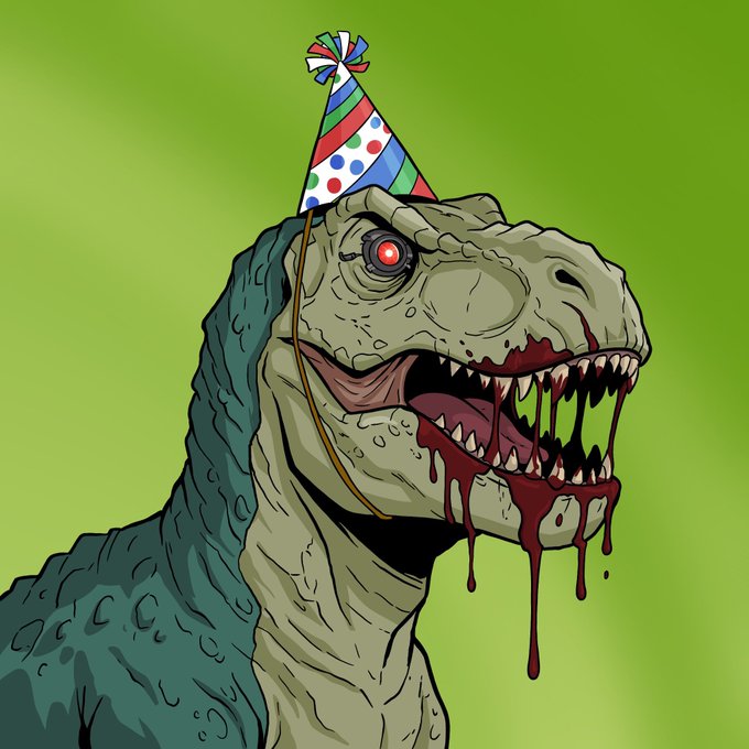 The image features a cartoon dinosaur wearing a birthday hat with colorful polka dots, which appears to be celebrating its birthday. The dinosaur has blood dripping from its mouth, indicating that it might have been injured or had an accident recently. The post seems to be promoting a party or event related to the theme of dinosaurs and birthdays.