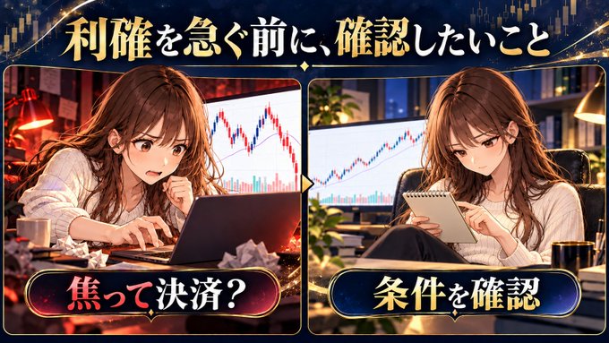 An anime-style advertisement showing two women working with trading charts on laptops and tablets, with Japanese text at the top and labels reading '焦って決済？' (Rush to settle?) and '条件を確認' (Check conditions).