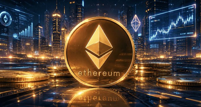 Etherium, a digital currency, is displayed against a city skyline backdrop, with the word "Etherium" written in large white letters.