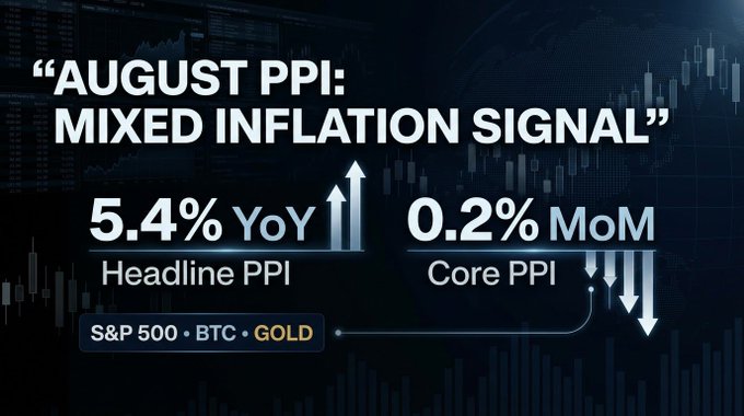 The image displays a financial graphic titled "AUGUST PPI: MIXED INFLATION SIGNAL," highlighting a 5.4% YoY Headline PPI with an upward arrow and a 0.2% MoM Core PPI with a downward arrow, set against a candlestick chart background. A label at the bottom references the S&P 500, BTC, and GOLD tickers, reinforcing the post's message that August's producer price data presents a conflicting inflation outlook for markets.