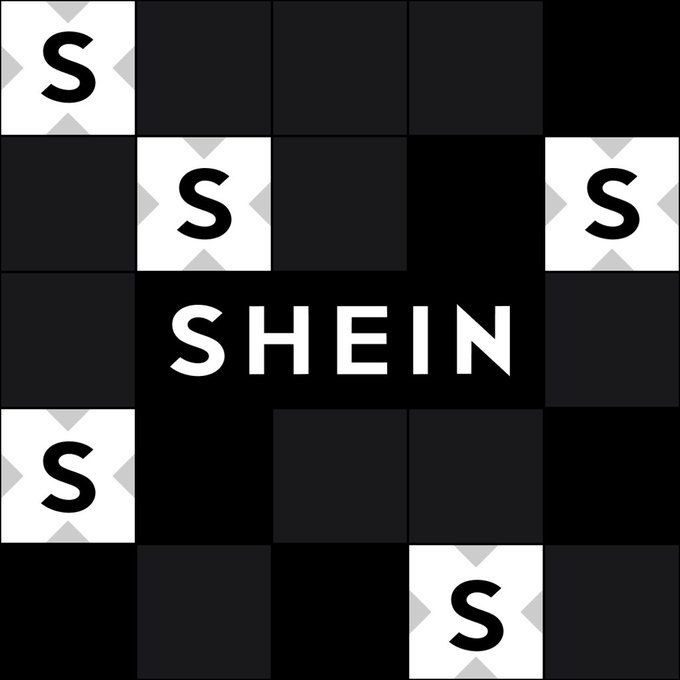 A checkerboard pattern of black and dark gray squares features white squares displaying stylized "S" logos, surrounding a central black panel with bold white text reading "SHEIN." The design visually frames the Shein brand name, aligning with the announcement of Shein's public listing in Hong Kong and the launch of its tokenized stock, SHEINx, tradable on 1inch via @xStocksFi.