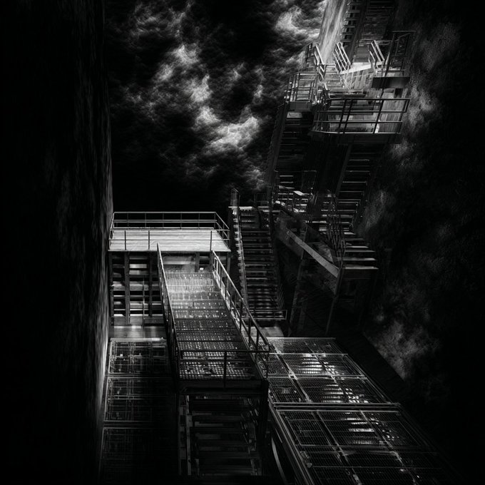 A black and white surreal image depicting Escher-like industrial staircases and metal walkways extending upward into a cloudy, dark sky.