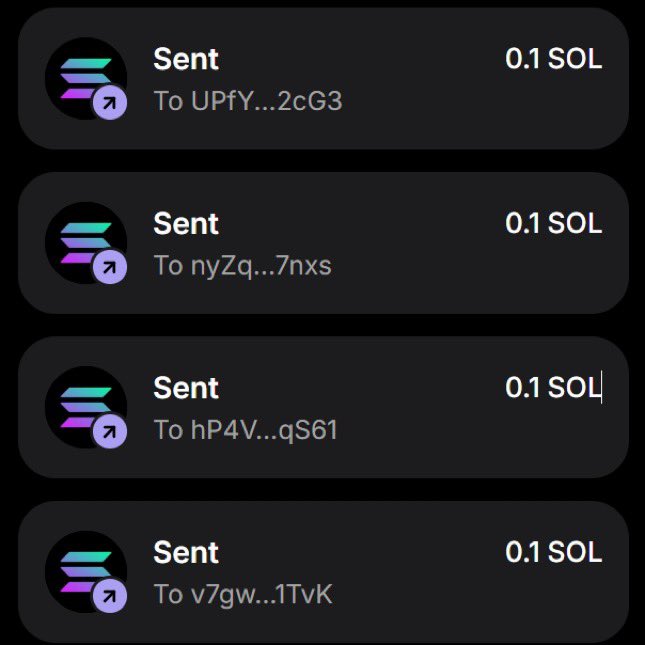 A mobile wallet transaction history showing four "Sent" entries of 0.1 SOL each to different addresses (UPfY...2cG3, nyZq...7nxs, hP4V...qS61, v7gw...1TvK). The image serves as proof to support a promotional post claiming to send 0.1 $SOL to anyone who drops their wallet address, with all transactions displayed on Solana's blockchain interface.