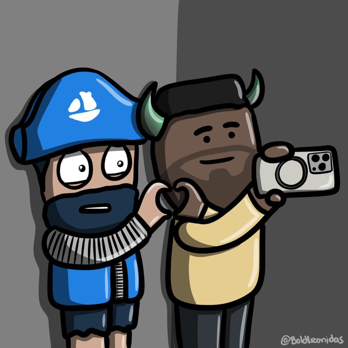 A cartoon shows two characters—Telegram's mascot "Racoon" in a blue cap and WazirX's bull logo holding a smartphone as they form a heart shape with their hands, symbolizing a partnership. The image ties into the post announcing a giveaway of OpenSea Mobile codes, likely for Telegram users on WazirX's app. The watermark "@Bobleonidas" appears in the corner.