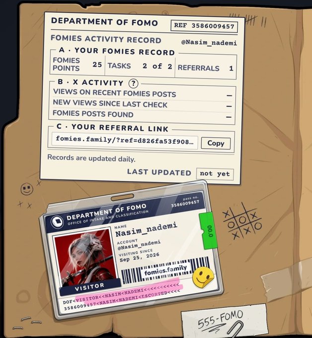 A digital graphic titled 'DEPARTMENT OF FOMO' displaying a 'FOMIES ACTIVITY RECORD' for @Nasim_nademi with a referral link and an ID badge labeled 'VISITOR'.