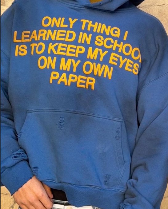 A person wears a blue hoodie with orange embroidered text that reads 'ONLY THING I LEARNED IN SCHOOL IS TO KEEP MY EYES ON MY OWN PAPER.'