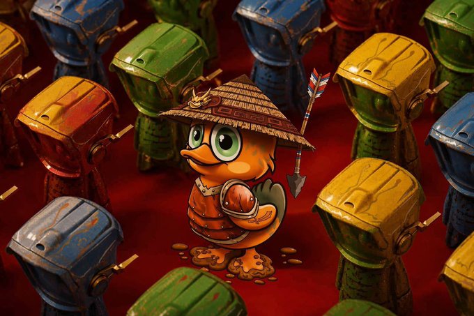 A 3D digital illustration of a small, cute, orange character wearing a conical hat and red armor, holding a spear, standing amidst a group of tall, blocky, colorful robot-like figures on a red surface.