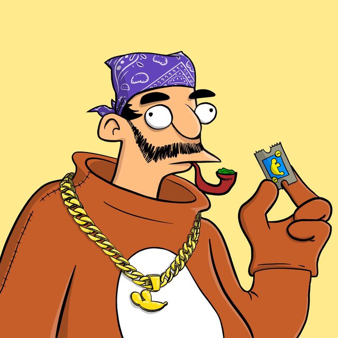 Cartoon illustration of a man with a mustache wearing a purple bandana, an orange hoodie, and gold chains, holding up a small gray packet while smoking a green cigar-like object.