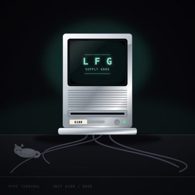 A silver vintage-style desktop computer monitor displays "LFG SUPPLY 6666" on its glowing green screen, with a label reading "6108" and a power button below. The image connects to the post by visually representing Hype Terminal Unit 6108/6666, the specific NFT the user purchased for a record-breaking price of 28 $HYPE ($2,225 USD), complete with the "HYPE TERMINAL • UNIT 6108 / 6666" footer text matching their post.