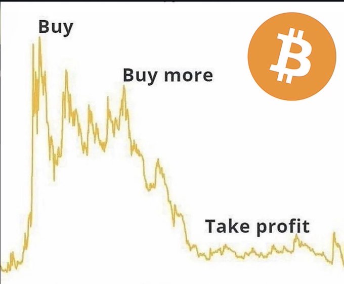 A Bitcoin price chart labeled with "Buy" at the peak, "Buy more" at the first dip, and "Take profit" near the bottom, humorously illustrating the losing strategy of "buying high and selling low" rather than the caption's claimed winning strategy.