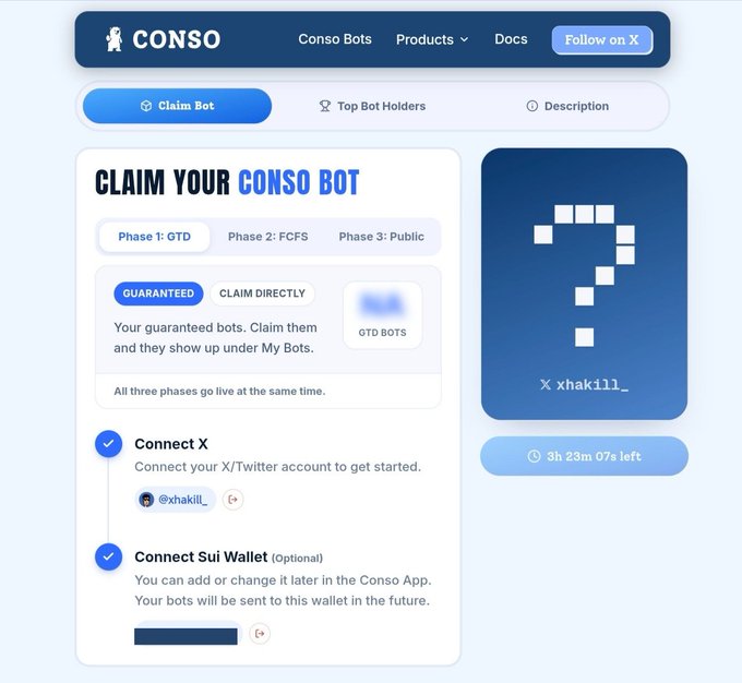 The “CONSO” web page shows a “CLAIM YOUR CONSO BOT” interface with tabs for “Claim Bot,” “Top Bot Holders,” and “Description,” including “Connect X” and “Connect Sui Wallet (optional)” steps.