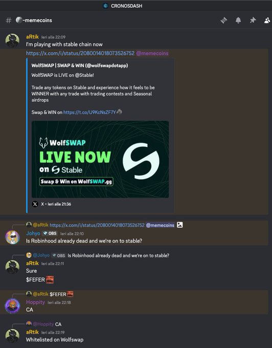 Discord screenshot from CRONOSDASH #memecoins channel where aRik shares a WolfSWAP $SWAP & WIN announcement on Stable, with Johyo joking about whether Robinhood is dead now that they're on stable.