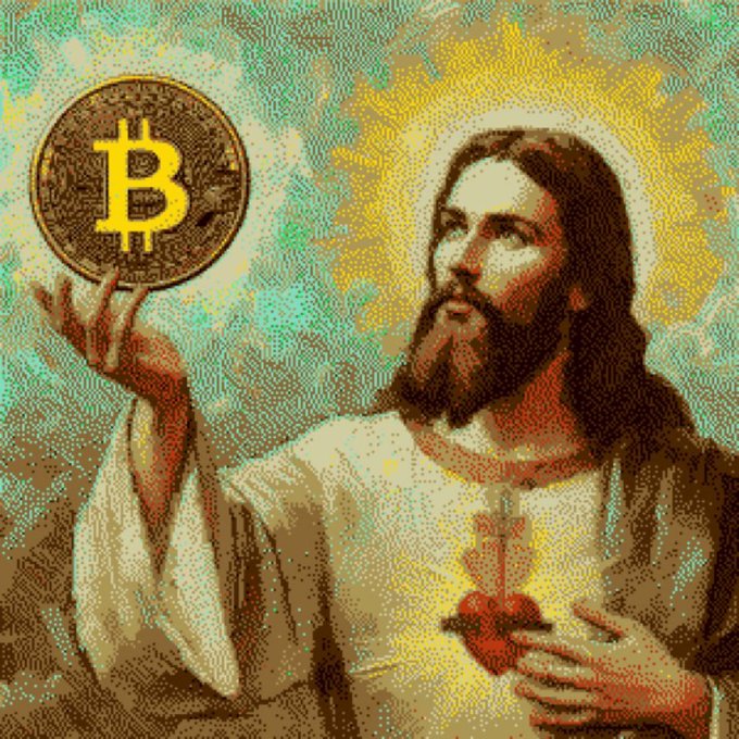 The image depicts "Bitcoin Jesus," a digital pixel-art illustration of Jesus with a halo, holding a Bitcoin coin in his right hand and a flaming sacred heart in his left, fitting the on-chain Bitcoin art theme referenced in the accompanying post by @_dethreaper_.