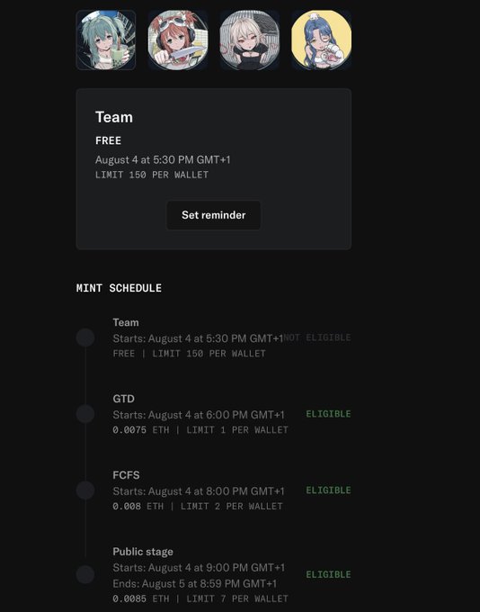 An NFT mint schedule page showing 'Team' mint (Aug 4, FREE, limit 150/wallet) as 'NOT ELIGIBLE', followed by GTD, FCFS, and Public stage mints marked 'ELIGIBLE' with prices in ETH.