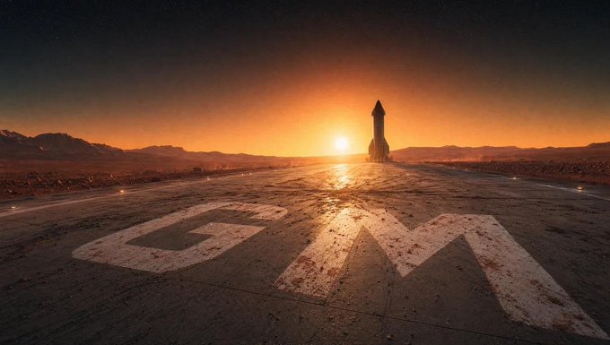 A SpaceX Starship stands on a desert launch pad at sunset with the letters "GM" marked on the ground in front of it. The image conveys a space-themed "good morning" greeting, using the rocket's dramatic silhouette to evoke a sense of new beginnings.