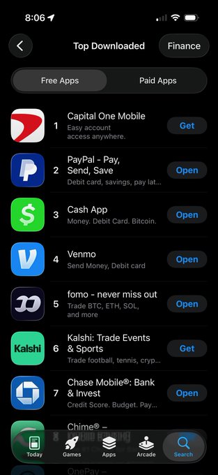 The image shows the App Store's "Top Downloaded" Finance category list, with apps like Cash App (#3), Venmo (#4), and fomo (#5) visible. It supports the post's claim of being a "Top 5" finance app, visually placing fomo alongside major fintech players in the rankings.