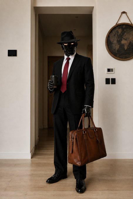 A masked figure in a black suit, fedora, and red tie stands in a hallway holding a coffee cup and brown leather briefcase, evoking a mysterious, professional vibe. The image complements the post's "Happy New Week" message, capturing the stylish yet enigmatic mood of starting Monday fresh.