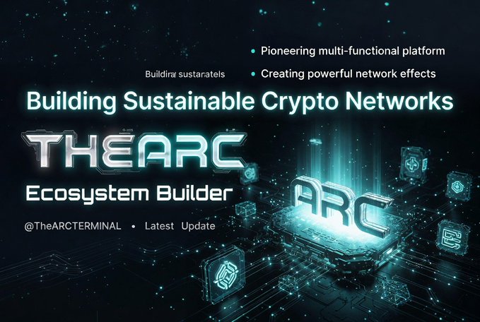 The image features a poster with a blue background, white text, and various icons related to cryptocurrency networks. The main focus of the poster is the word "arc" written in large letters at the top center. Below this, there are smaller icons representing different aspects or types of cryptocurrency networks. These include "building sustainable crypto networks", "ecosystem builder", and "the arc". The text on the poster provides information about these networks, such as their purpose and how they can be beneficial for users.