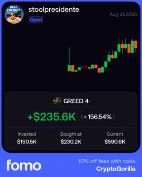 A Fomo app screenshot showing a trading profile for 'stoolpresidente' with a GREED 4 status and a gain of +$235.6K (+156.54%) on the BAGWORK token.