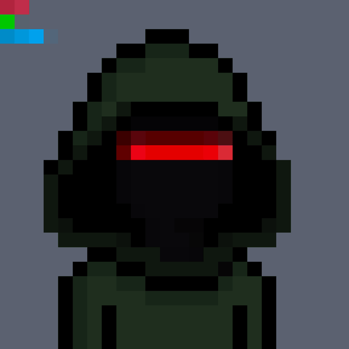 A pixel art illustration of a dark, hooded figure with a glowing red horizontal visor, rendered in dark green and black tones with a gray background.