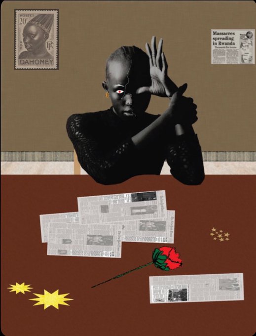 An artistic collage featuring a Black woman with her hand raised to her face, surrounded by a Dahomey stamp, newspaper clippings about 'Massacres spreading in Rwanda', and a rose illustration.