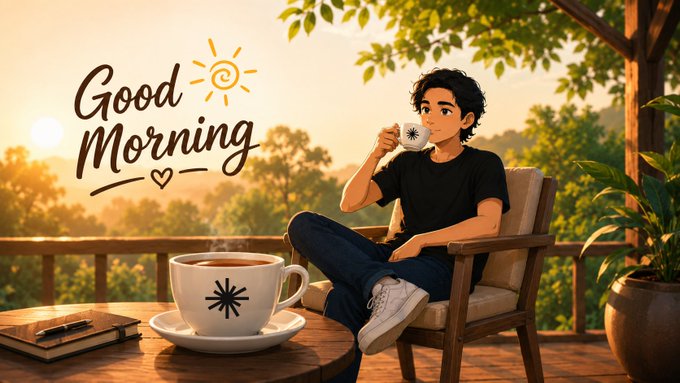 An illustration of a young man sitting on a chair drinking coffee, with a large coffee cup in the foreground and 'Good Morning' text with a sun graphic.