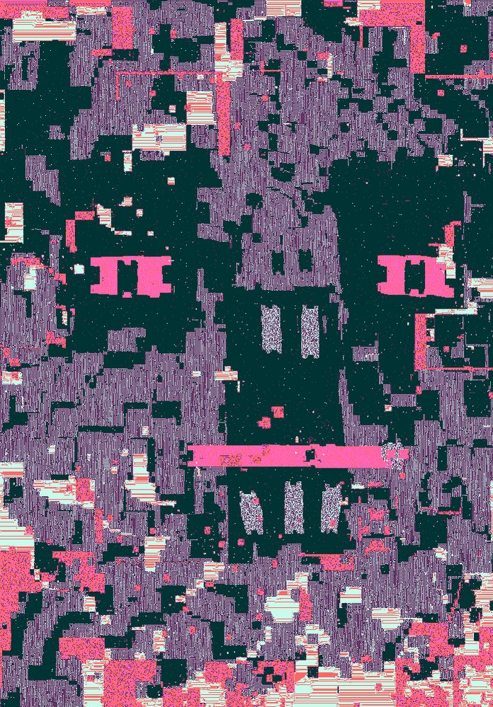 The image features an abstract piece with a face drawn using small squares of pink and purple color, giving it a unique and artistic appearance. The background consists of various shades of green and black, creating a visually striking contrast against the colorful face. The caption provided suggests that this artwork is related to the post by @XCOPYART, which implies that the artist's intention might be to convey a message or evoke emotions through their work. The underlying meaning of the piece could be interpreted as an artistic commentary on the power and influence of art in shaping our perception of the world around us.