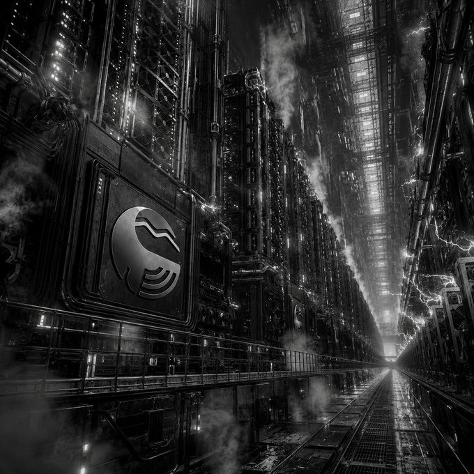 A dramatic black-and-white digital artwork depicting a dystopian industrial cyberpunk corridor with the Uniswap (UNI) logo prominently displayed on the left wall.