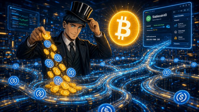 A digital artwork depicts a man in a top hat and suit pouring gold Bitcoin coins, with a glowing Bitcoin symbol and a digital trading interface labeled 'Stablecoin' in the background.