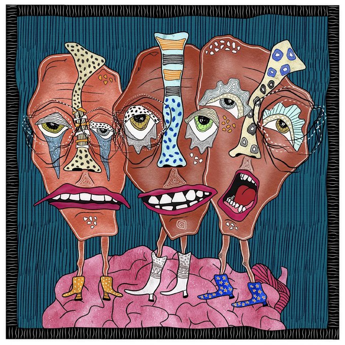 A colorful illustration of three stylized faces merged together with exaggerated features—multiple eyes, patterned noses, and expressive mouths—standing on a pink mass wearing patterned boots against a teal striped background.