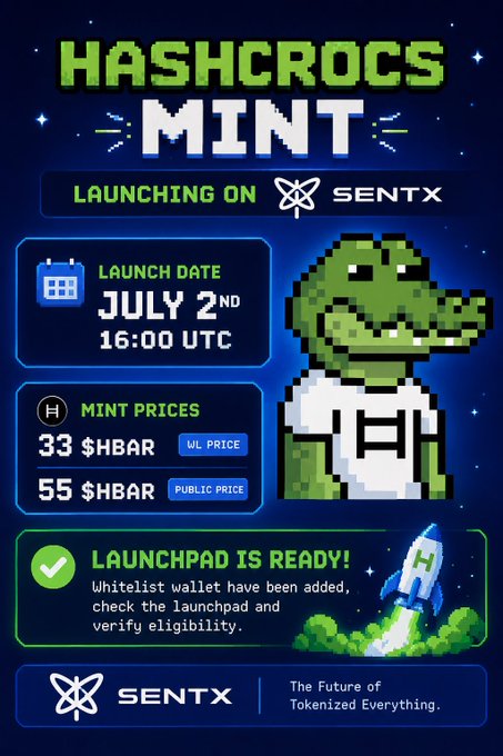 Promotional graphic for HashCrocs Mint launching on SentX on July 2nd at 16:00 UTC, with mint prices of 33 $HBAR (WL Price) and 55 $HBAR (Public Price).