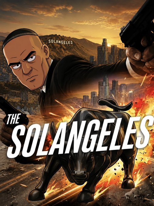Cover art for 'The Solangeles' by Solangeles, featuring a cartoon man in a suit aiming a gun with a black bull charging forward against a city skyline backdrop.