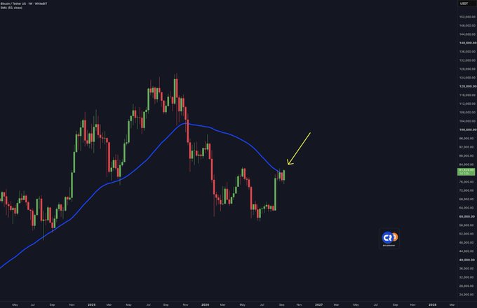 Bitcoin/Tomahawk weekly chart showing a bullish breakout attempt as price pushes above the blue 50-week moving average near $80,000, highlighted by a yellow arrow pointing to the recent candle. The chart confirms the post's claim of a potential weekly close above the 50W MA, which could signal a major bullish move for crypto.