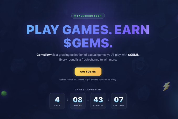 A promotional landing page for GemsTown displays the headline "PLAY GAMES. EARN $GEMS." with a countdown timer showing 4 days, 8 hours, 43 minutes, and 7 seconds until games launch, complementing the announcement that the $GEMS token is live via the Pons Family launchpad.