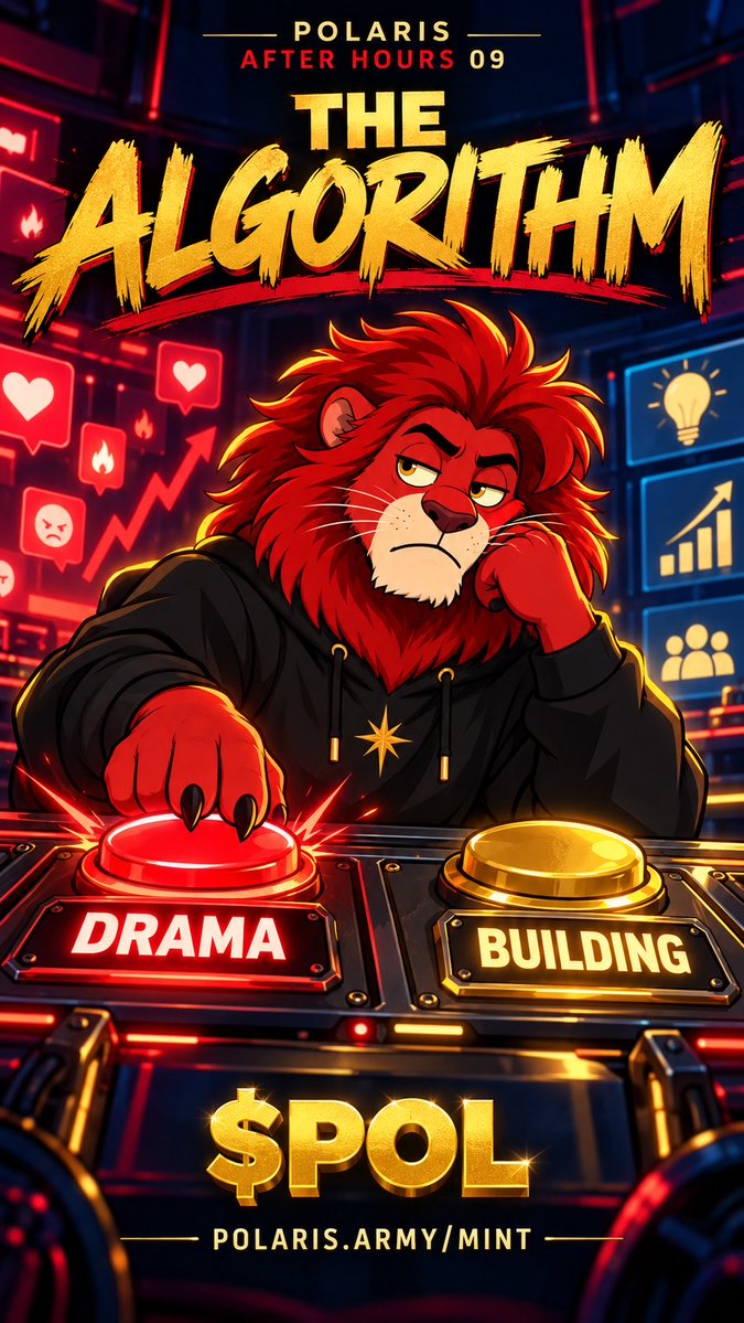 An illustrated poster titled 'POLARIS AFTER HOURS 09 THE ALGORITHM' featuring a lion pressing a red 'DRAMA' button next to a yellow 'BUILDING' button, with '$POL' and 'POLARIS.ARMY/MINT' at the bottom.