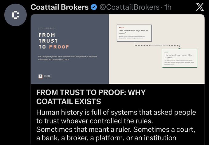 A screenshot of a post by Coattail Brokers (@CoattailBrokers) titled "FROM TRUST TO PROOF: WHY COATTAIL EXISTS," featuring an article header about shifting trust from institutions to verifiable proof in financial systems, introducing Coattail Brokers as a solution.