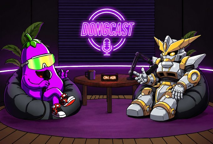 A cartoon-style podcast scene titled 'DONGCAST' features a purple eggplant character wearing green shutter shades and red sneakers sitting across from a gold and white mecha-style robot, both on bean bags around a small table with an 'ON AIR' sign.