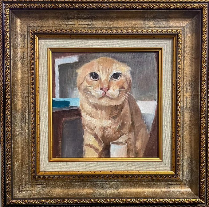 The image features a painting of an orange cat sitting inside a gold frame, which has been framed with a gold border. The painting depicts the cat looking at the camera directly. The background of the painting shows a desk with a book on top of it. The image also includes text that reads "Chinese memes are the new meta. With Binance now enabling US stock trading, the timing is perfect, it aligns seamlessly with GCR’s Asia Cycle Prophecy. Liquidity will be flowing to BSC. It's time to start paying attention to Chinese social media platforms like WeChat and".
