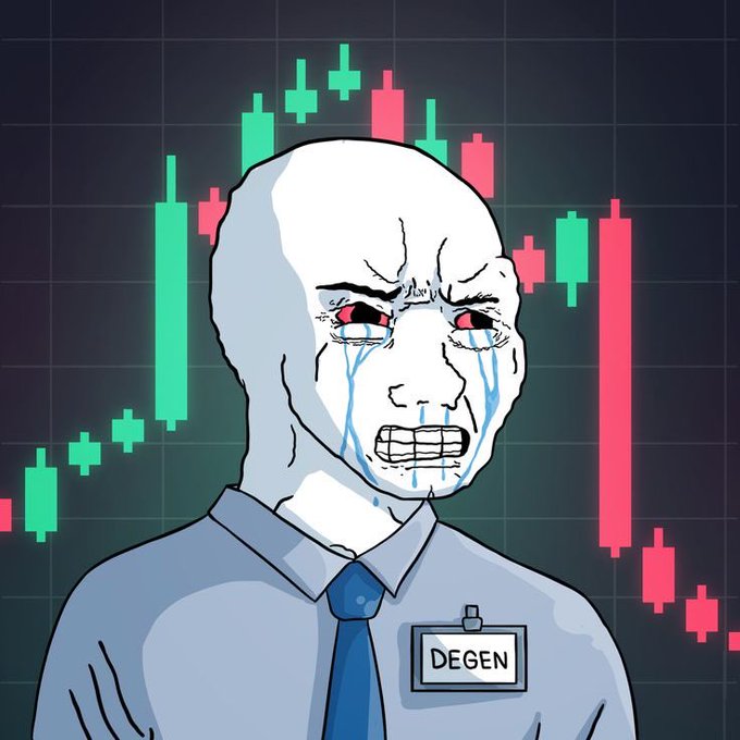A 'Wojak' meme character crying with red, bloodshot eyes, wearing a light blue shirt, blue tie, and an ID badge labeled 'DEGEN,' set against a background of red and green stock market candlestick charts.