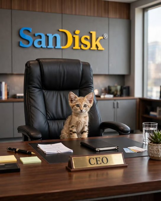 A kitten sits on a black leather CEO chair in a SanDisk office, with a 'CEO' nameplate and SanDisk logo visible on the wall behind.