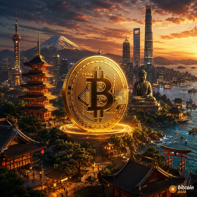 A digital artwork featuring a large golden Bitcoin coin with the 'B' symbol against a backdrop blending Mount Fuji, Tokyo skyscrapers, a Buddha statue, and traditional Asian temples at sunset, branded 'bitcoin asia'.