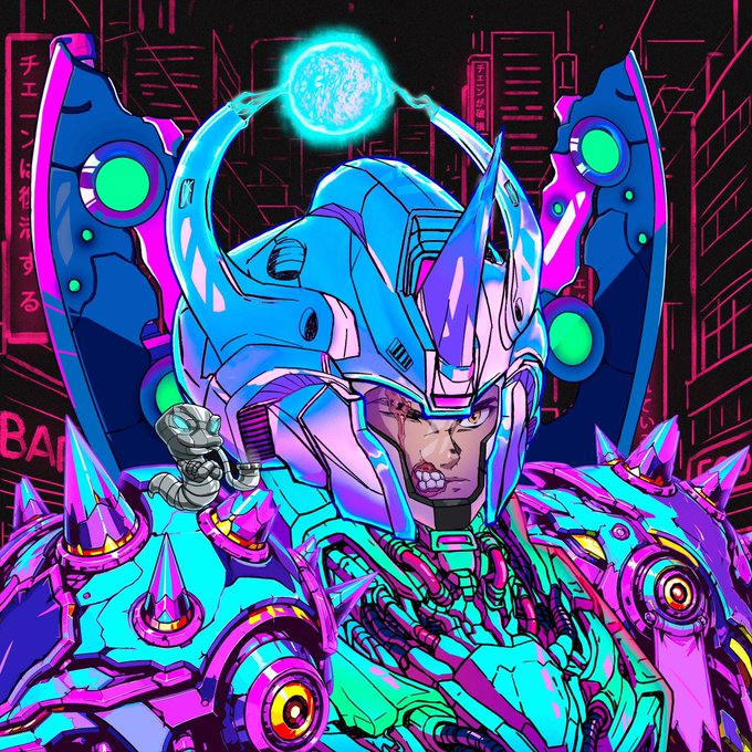 A futuristic cyberpunk samurai mech with blue and purple armor dominates the scene, set against a neon-lit cityscape backdrop featuring partially visible Japanese text and the letters "BA" in pink. The image's high-tech, anime-inspired aesthetic aligns with the post promoting a $QSNEK NFT trait collection and whitelist access for the upcoming Mekka Labs mint on July 30th.