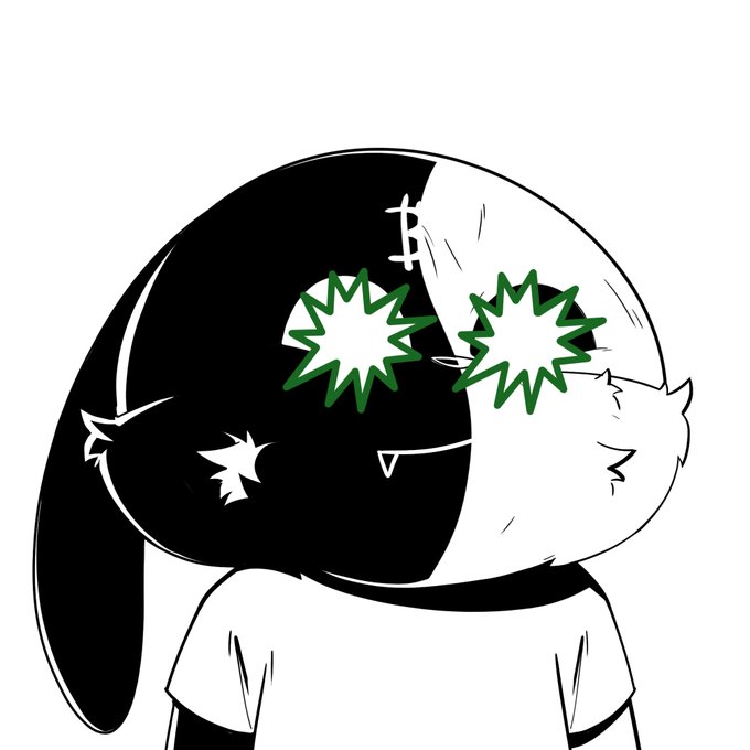 A black and white cartoon illustration of a character with split-color hair and sparkling green star-shaped eyes, with a small cross marking on the hair.