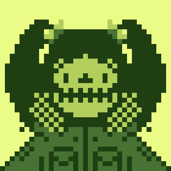 Pixel art portrait of a character with short dark hair, bangs, and a green checkered scarf or collar, wearing green clothing against a pale yellow-green background.