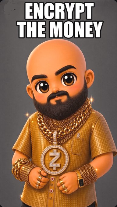 A 3D cartoon-style image of a bald man with a beard wearing gold chains and a gold shirt, with the text 'ENCRYPT THE MONEY' above him.