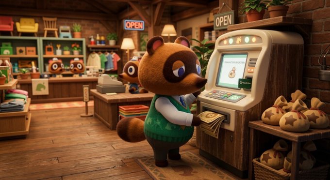 A 3D animated scene of Tom Nook (the tanuki character from Animal Crossing) wearing a green sweater vest, operating an ATM in a cozy shop with 'OPEN' signs displayed.